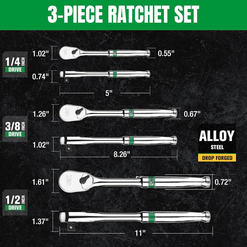 SK 3-Piece Ratchet Set, 1/4″, 3/8″, 1/2″ Drive Ratchet, Pear Head, 90-Tooth, Alloy Steel, with Contoured Handle - Image 5